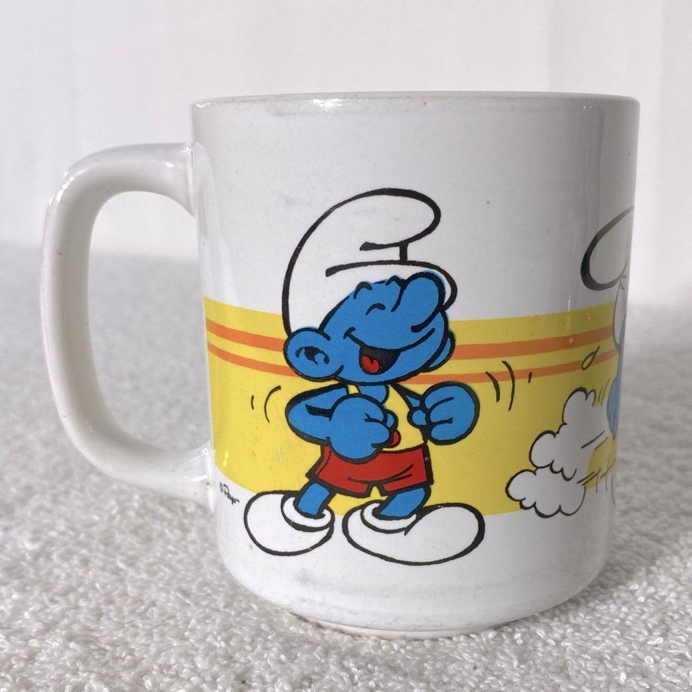 Vintage White Ceramic Smurfs Mug